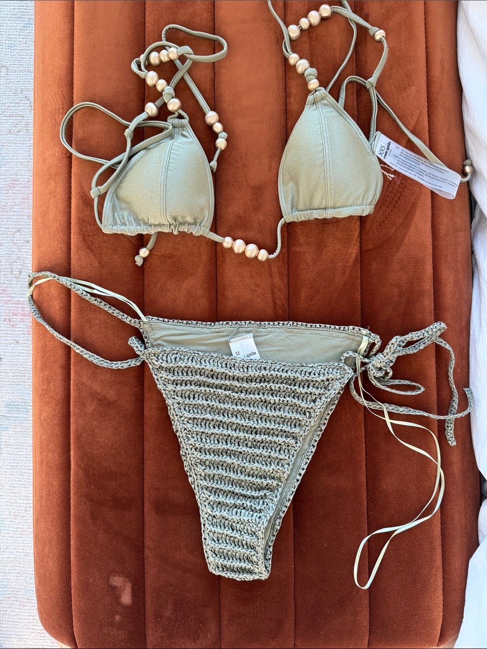 cult gaia Olive Green Beaded Triangle Bikini